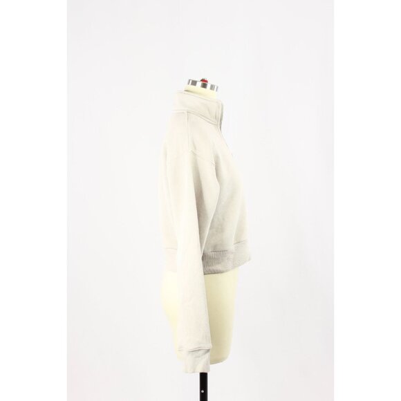 Aritzia TNA Cozy Fleece Beige Cotton 1/4 Zip Perfect Cropped Sweatshirt, Size S - Picture 2 of 16